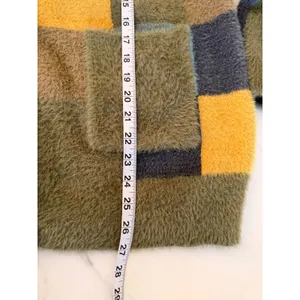 Listicle Women Green Yellow Blue Checkerboard‎ Fuzzy Eyelash Knit Cardigan Large thumbnail 9