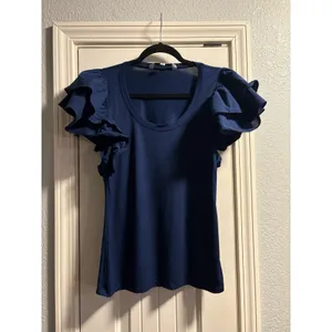 Trina Turk Ruffle Sleeve Top Womens Small Navy Blue Scoop‎ Neck 2206101MH1 thumbnail 2