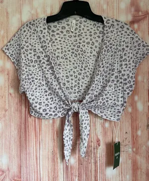 Halara White Tie-Front Short Sleeve Purple Leopard Print Cropped Lounge Top L thumbnail 1