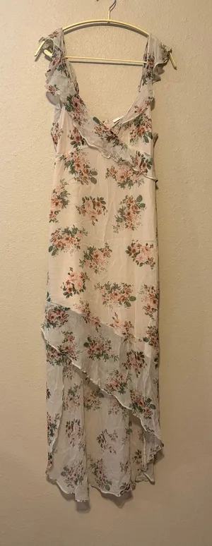 Lavender Brown Silk Floral‎ Ruffle Romantic Slip Dress Size Medium thumbnail 1