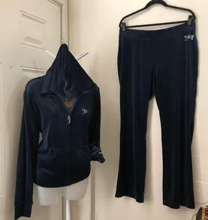 Juniper Blue Y2K Navy Blue Velvet Juicy Couture tracksuit Set Zip up Hoodie Sweatshirt Flare Sweatpants Mid Rise-XL Measurement in pics thumbnail 1