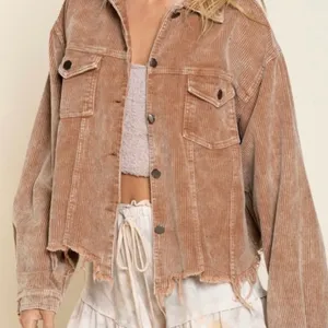 POL Frayed Hem Vintage Inspired Teddy Bear Brown Cropped Corduroy Jacket S thumbnail 4