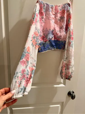 Altar'd State Pink and Blue Floral Lace-Trim Cropped Top thumbnail 3