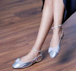 C. Paravano Size 8.5 (EU 39.5)- Sling Back Flats - Silver With Bow Accent. thumbnail 1