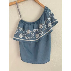 NEW Rebecca Minkoff One Shoulder Embroidered Blue Chambray Top Boho Summer thumbnail 4