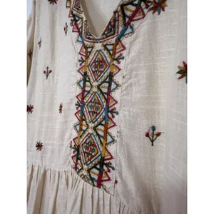 Max Women Cream Cotton Boho Embroidered V-Neck Ruffle Hem Mini Dress thumbnail 16
