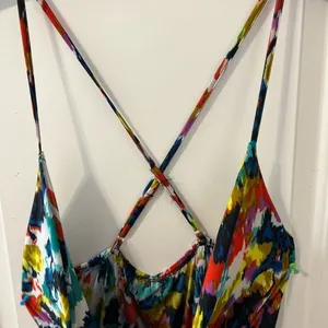 Flyaway Collection Multi-Color Abstract Ikat Cross-Back Handkerchief Hem Dress L thumbnail 4