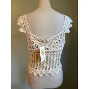 Rebellion Cream Crochet Crop Top festival Beaded Boho Festival Tank Large NWT y thumbnail 3