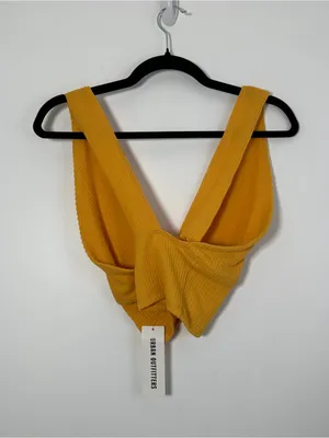 Urban Outfitters Mustard Yellow Ribbed Deep V Halter Crop Top Size Large NWT thumbnail 2