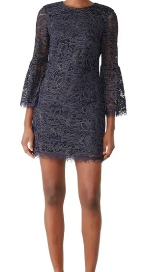 Dress The Population‎ Navy Gold Metallic Lace Bell Sleeve Mini Dress Size L thumbnail 1