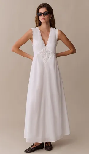 Kourt Few Moda Size M White Sonnet V neck Cotton Long Maxi Ankle Dress thumbnail 1