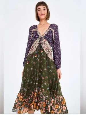 NWT Farm Rio Mixed Liberty Ruffle Silk‎ Midi Dress Beaded Womens Size L thumbnail 2