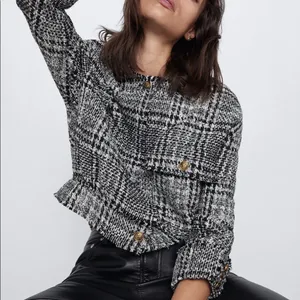 Zara Houndstooth Bomber TWEED Jacket w/ Pockets & Gold Buttons Black/White NEW thumbnail 2
