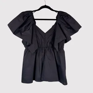 Hyacinth House Womens Top Black Margaux Flutter V Neck Peplum Blouse Medium thumbnail 3