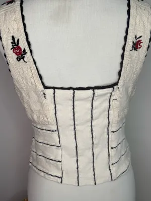 Free People Corset Top Tank Rose Bud Knit Floral Embroidery Crochet Accents Boho thumbnail 8