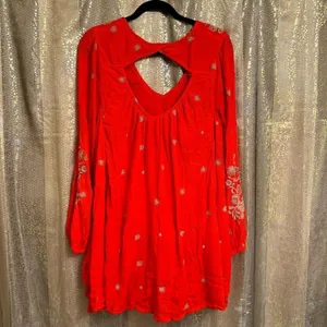 Free People Sweet Tennessee Red Tan Embroidered Long Sleeve Dress thumbnail 8