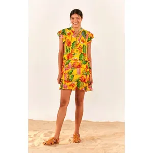 Farm Rio Yellow Beaks & Bananas Mini Dress Small Tropical Toucan Tiered Resort thumbnail 7
