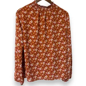 J Crew Shirt Medium Smocked Puff‎ Sleeve Ruffle Burnt Orange Floral Blouse thumbnail 6