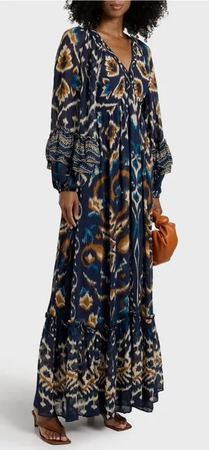 FARM Rio Pineapple Blue Ikat Maxi Dress Boho Long Sleeve Altered Length Small thumbnail 1