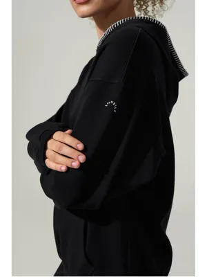 Lilysilk Seamflow Douceur Hoodie Black Medium Blanket Stitch Ribbed Cuff Soft thumbnail 4