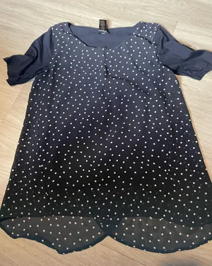 Ann Taylor Navy and White Polka Dot Short Sleeve Blouse thumbnail 1