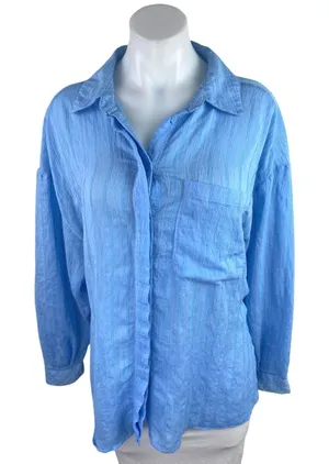 Zara Women's Blue Textured Long Sleeve Collared Button Down Shirt Blouse Top M thumbnail 1