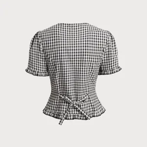 Rihoas Black Plaid V Neck Ruffle Blouse Size XS thumbnail 6