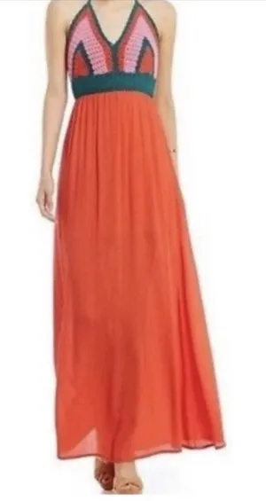 Gianni Bini Crochet Halter Maxi Dress Open Back Red Pink Colorblock Boho XL thumbnail 1