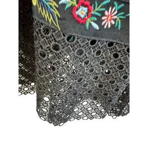 Les Amis‎ Black Floral Embroidered Boho Midi Dress Crochet Lace Hem Large thumbnail 4