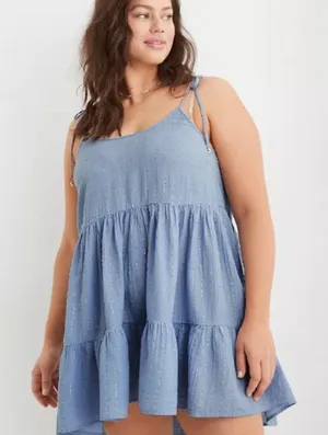 Aerie Magic Hour Blue Gauze Tiered Mini‎ Dress Boho Tie Strap Beach Size M thumbnail 1