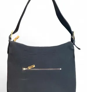 Ralph Lauren Black Nylon Shoulder Bag Leather Strap Gold Hardware Zip Hobo thumbnail 1