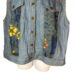 Vintage Saint Germain Paris Flower Print Denim Vest Size Large‎ thumbnail 3