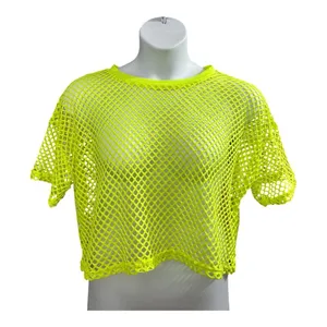Fishnet Top Women Size XL Neon Green Crop Top Crewneck T-shirt Casual Boho thumbnail 1