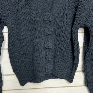 POL Chunky Knit Cardigan Sweater Small Black Flower Button Front Boho Textured thumbnail 9