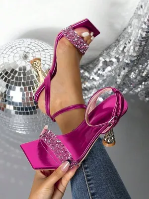SheIn Women's Metallic Fuchsia Ankle-Strap Heels with Crystal Toe Strap 11 thumbnail 1