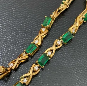 Unsigned Gold-tone Emerald Green & Clear CZ Stone 7.5” Tennis Bracelet 8.7g thumbnail 7
