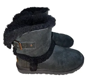 UGG Airehart Black Sheepskin Wool Lined‎ Fold Over Buckle Boots Women's Size 6 thumbnail 1