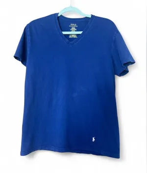 Ralph Lauren Blue V-Neck Polo Shirt with Pink Logo Classic Fit, Likely Women’s/Unisex Medium thumbnail 1