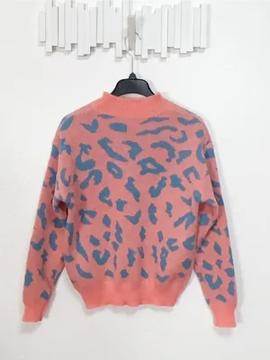 Coral Pink Blue Leopard Print Knit Crewneck Pullover Statement Sweater Size L thumbnail 6