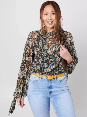 Free People All Dolled Up Mesh Long Sleeve Cropped Floral Top Blouse Green Small thumbnail 1