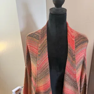 Sisters Open Front‎ Waterfall Knit Stripe Cardigan Sweater Fall Pink Orange Grey thumbnail 2