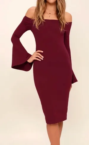 Lulus All She Wants Burgundy Off Shoulder Bell Sleeve‎ Bodycon Midi Dress LARGE thumbnail 1