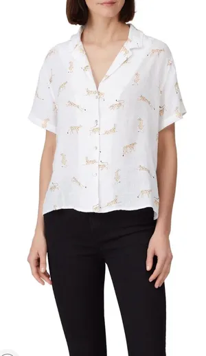 Rails White Short-Sleeve Button-Down Shirt with Leopard Motif thumbnail 1