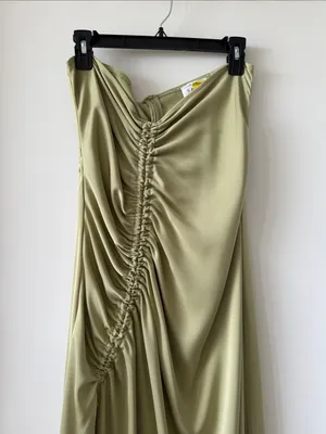 Sabo Skirt Olive Green Ruched Satin Maxi Dress thumbnail 2