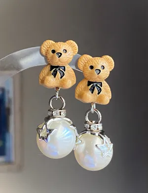 Handmade Kawaii teddy bear y2k fairy 2WAY studs & dangle earrings🧸🌟 thumbnail 1