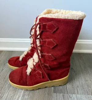 American Vintage Vintage 70s Leather Sherpa Wedge Chunky Eskimo Boots Red Teddy Winter Boots 8 thumbnail 1