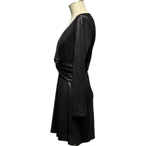 Altar'd State Long Sleeve Twisted Front Plunge Mini Dress Metallic Black Medium thumbnail 2