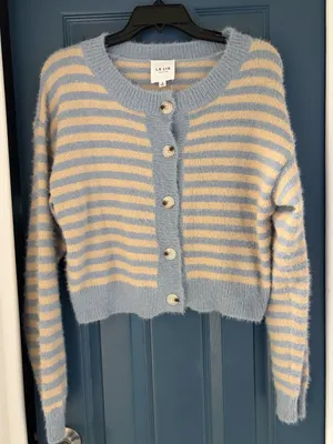 NWOT Le Lis Blue Striped Fuzzy Cropped Cardigan thumbnail 5