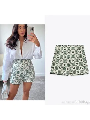 Zara White/Green Embroidered High Waisted Shorts Size XL thumbnail 2