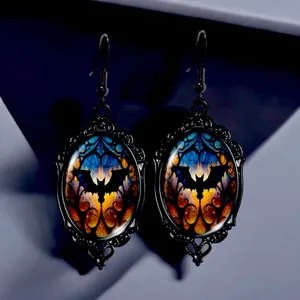 Vintage Cameo Style Gothic Bat Earrings‎ Glass Encased Alloy & Iron Hook thumbnail 6